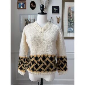 Vintage 70s Colebrook Mohair Blend Hand Knit Italy Ski Sweater Vneck S